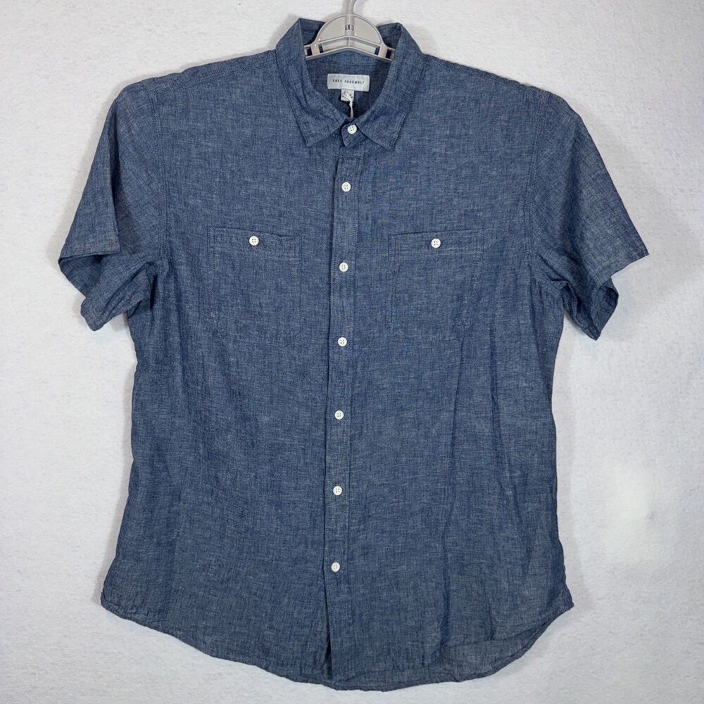 Free Assembly Men Blue Linen Cotton Short‎ Sleeve Button Down Shirt Dual Pocket - Picture 7 of 7
